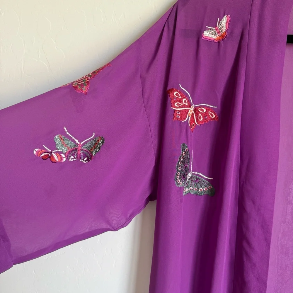 Cruz Natori Purple Sheer Novelty Embroidered Butterfly Kimono Robe Medium